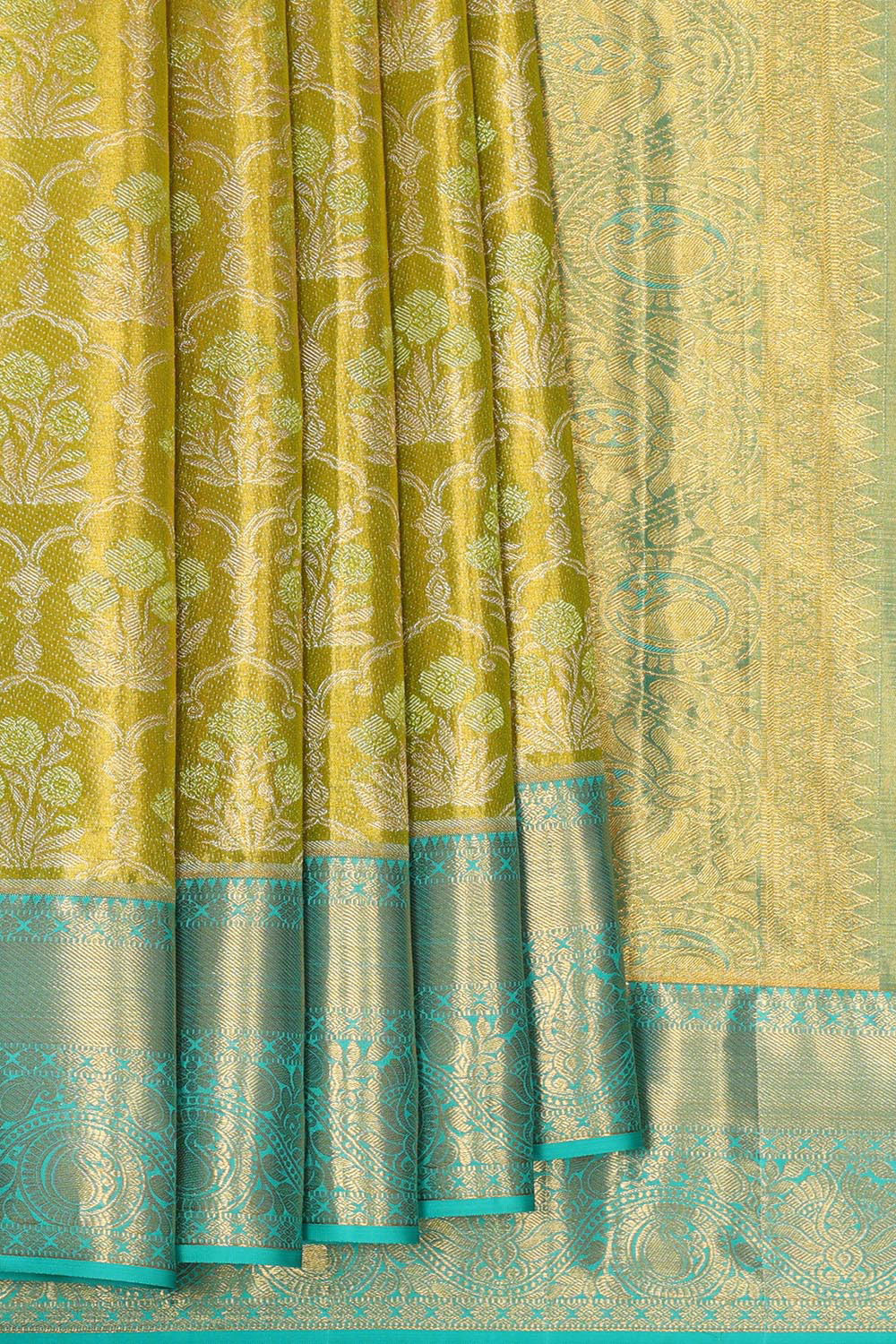 Kanchipattu Golden Green Tissue Brocade Saree