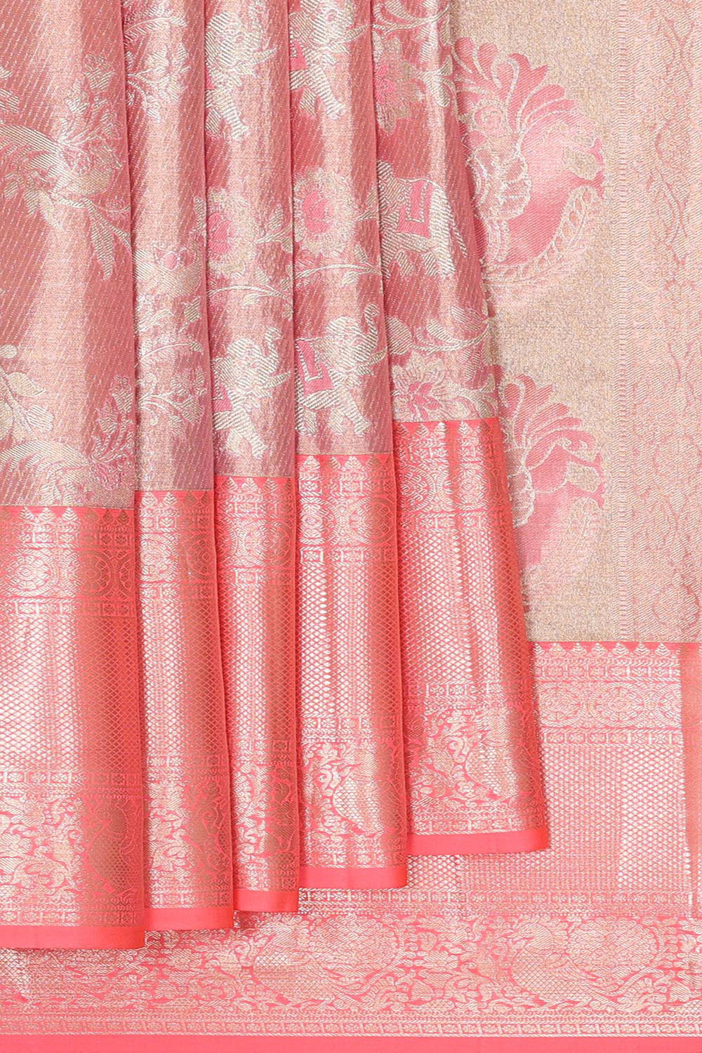 Kanchipattu Peach Pink Tissue Brocade Saree