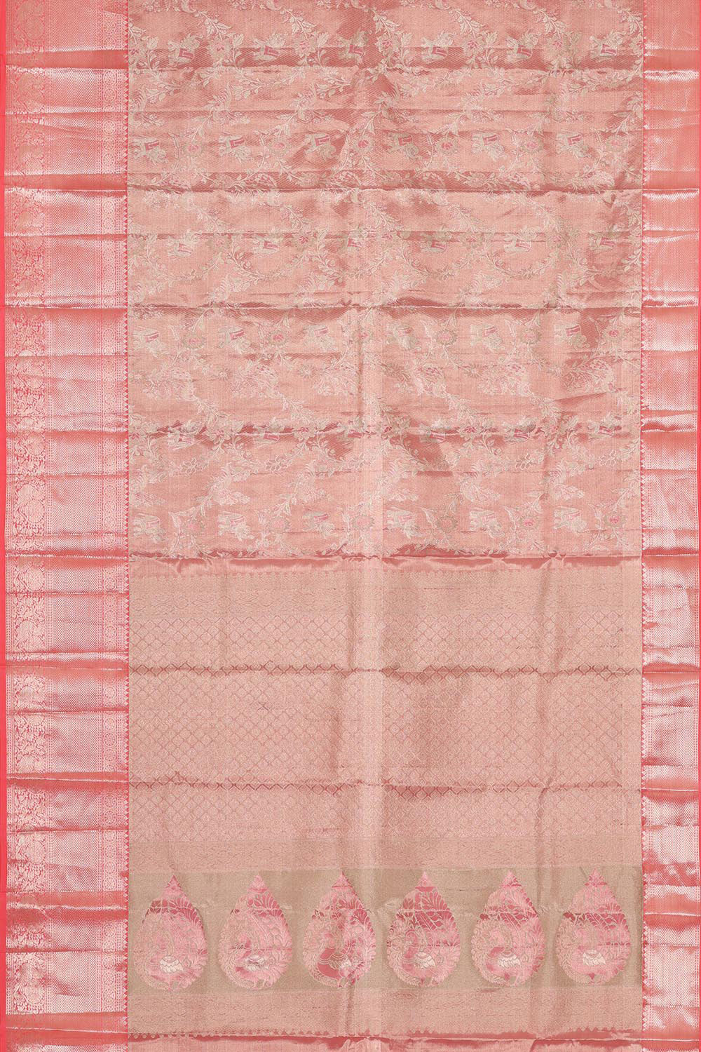 Kanchipattu Peach Pink Tissue Brocade Saree