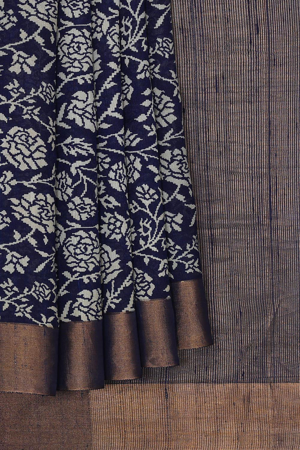 Printed Tussar Silk Navy Blue Saree