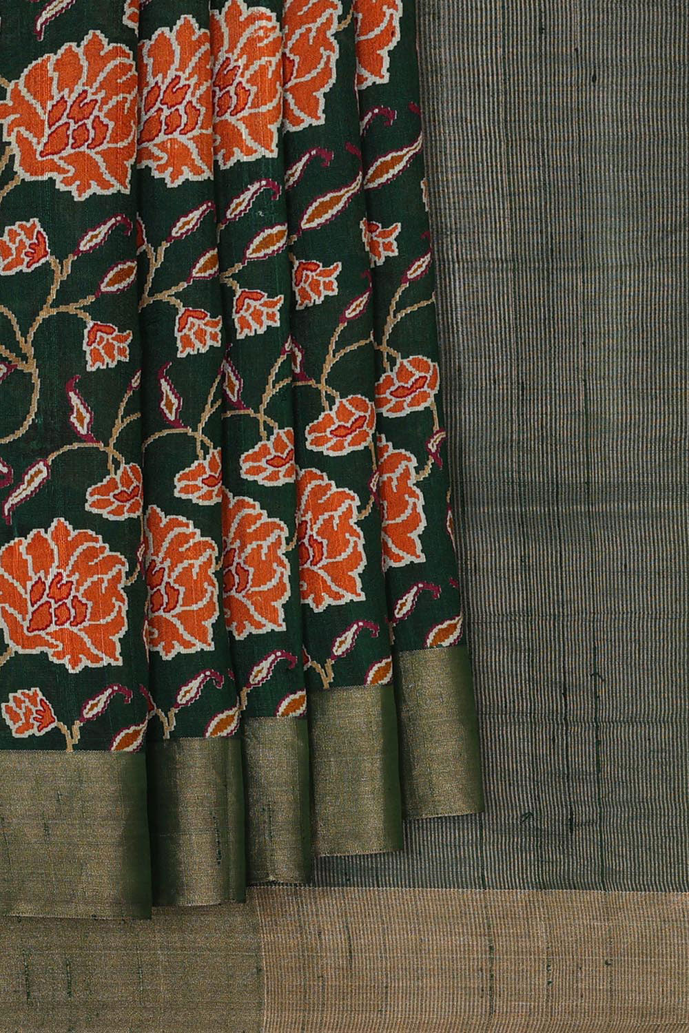 Printed Tussar Silk Bottle Green Saree