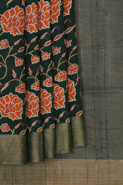 Image of Printed Tussar Silk Bottle Green Saree