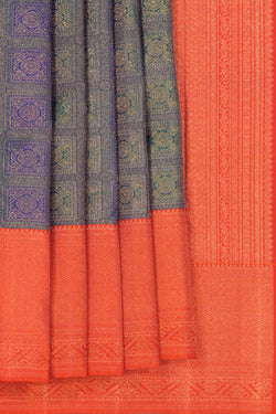 Image of Kanchipuram Silk Brocade Peacock Blue Saree