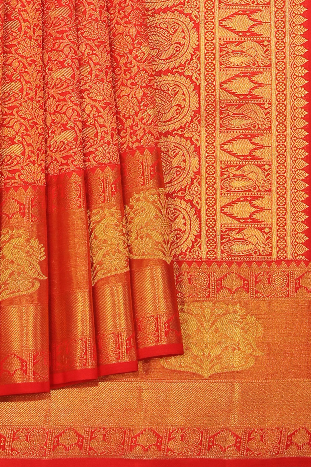 Arani Silk Brocade Coral Red Saree