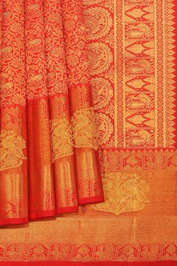 Collection of Arani Silk Brocade Coral Red Saree in a gallery layout