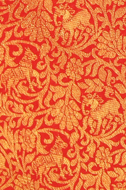 Collection of Arani Silk Brocade Coral Red Saree in a gallery layout