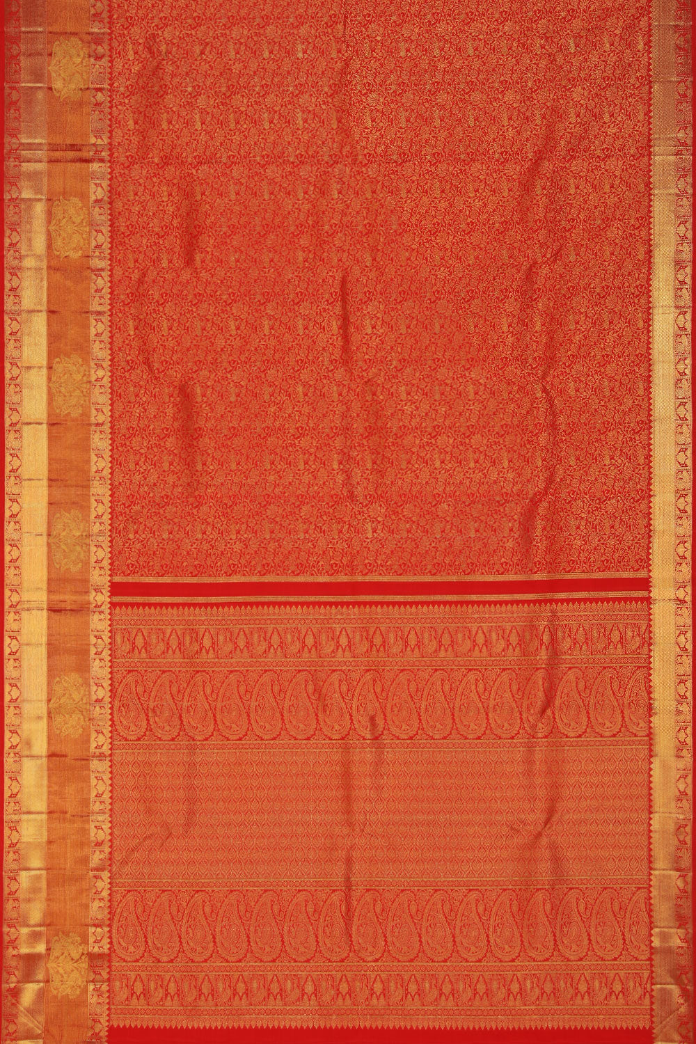 Collection of Arani Silk Brocade Coral Red Saree in a gallery layout