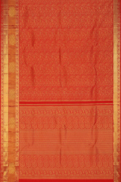 Collection of Arani Silk Brocade Coral Red Saree in a gallery layout