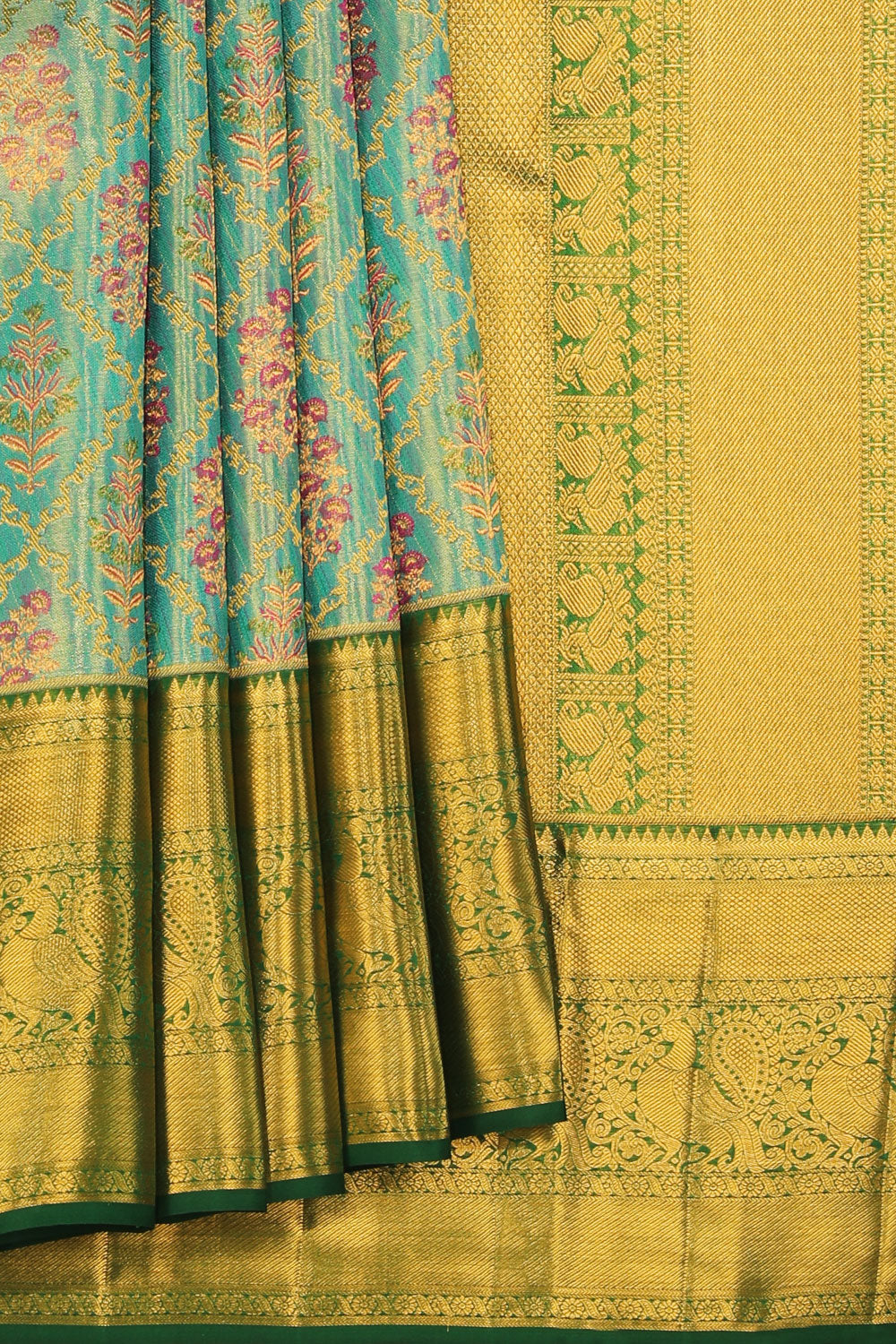 Collection of Kanchipattu Teal-Green Saree in a gallery layout