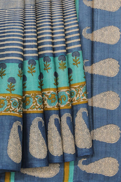 Collection of Tussar-Silk Printed Indigo Blue Saree in a gallery layout