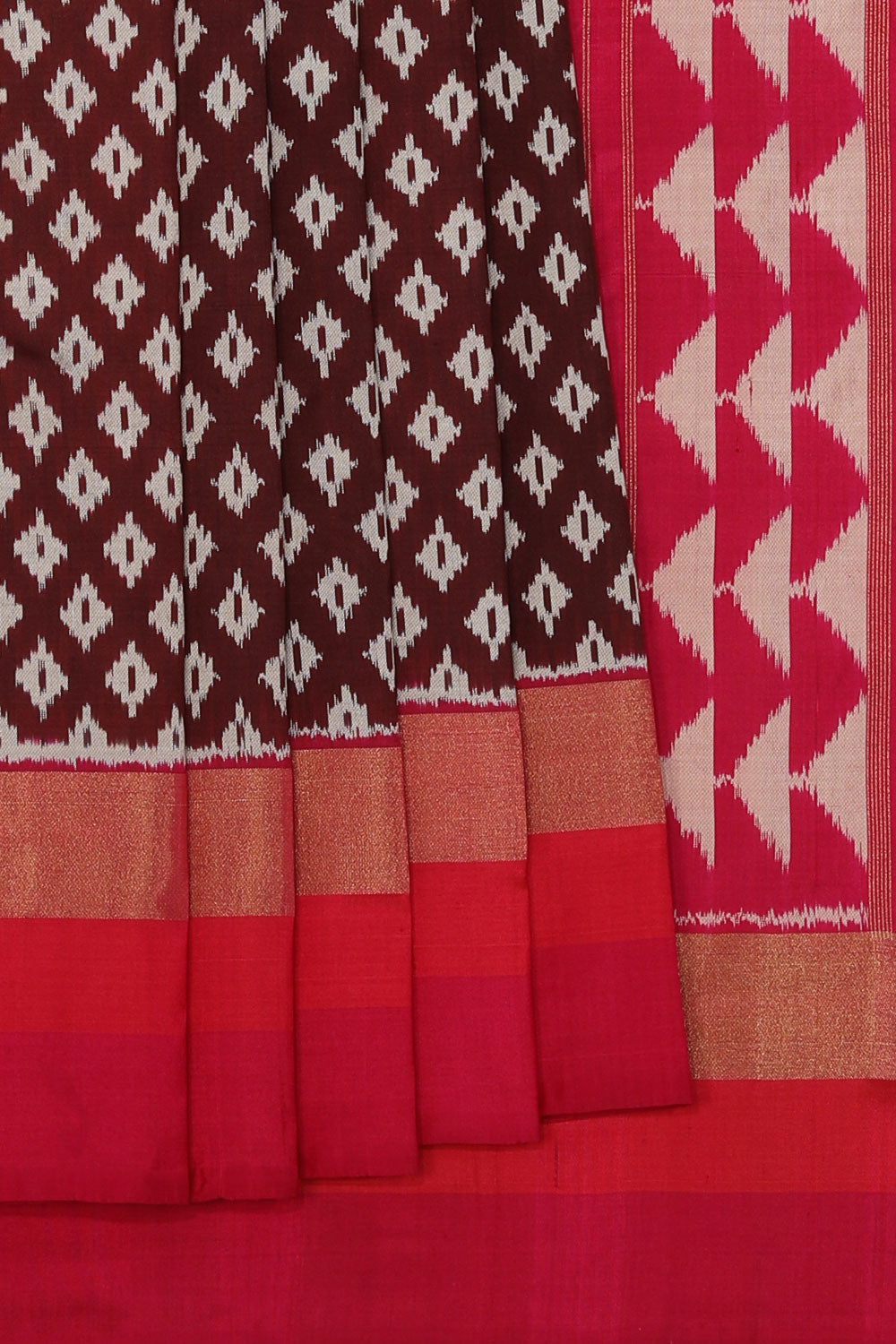 Collection of Pochampally Ikat Silk Maroon Saree in a gallery layout