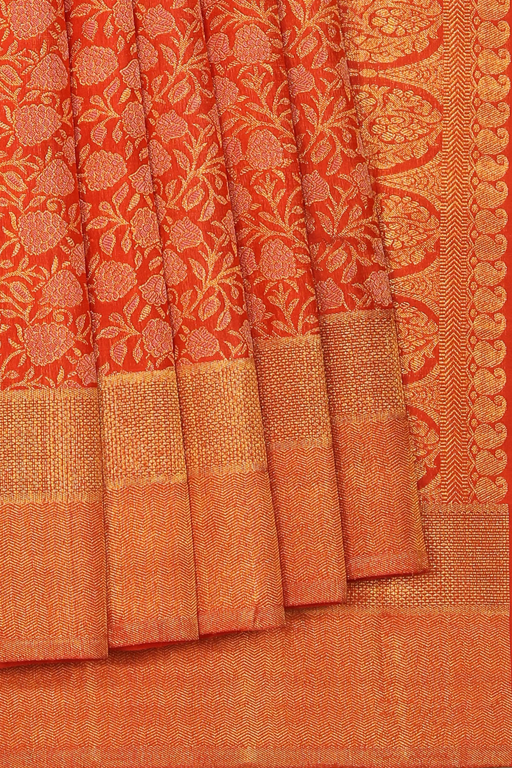 Collection of Kanchipuram Silk Brocade Coral Pink Saree in a gallery layout