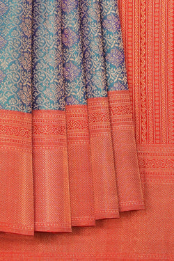 Collection of Kanchipuram Silk Peacock Blue Saree in a gallery layout