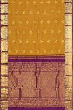 Collection of Kanchipuram Silk Fenugreek Mustard Saree in a gallery layout