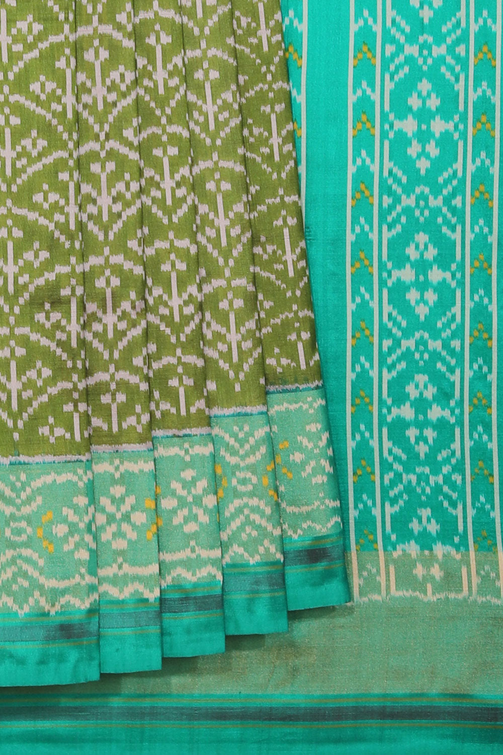 Collection of Pochampally Silk Ikat Moss Green Saree in a gallery layout