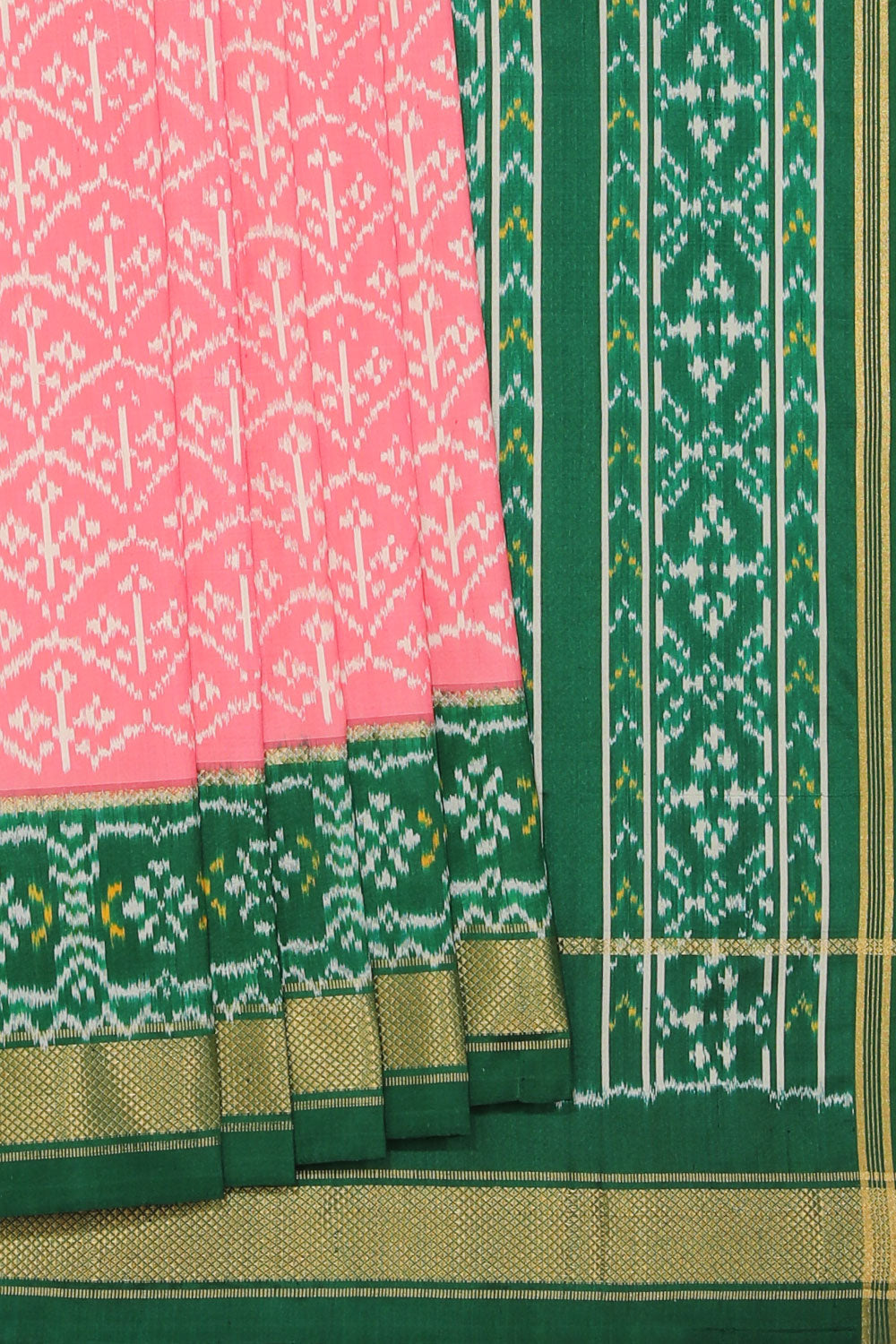 Collection of Pochampally Silk Ikat Coral Pink Saree in a gallery layout