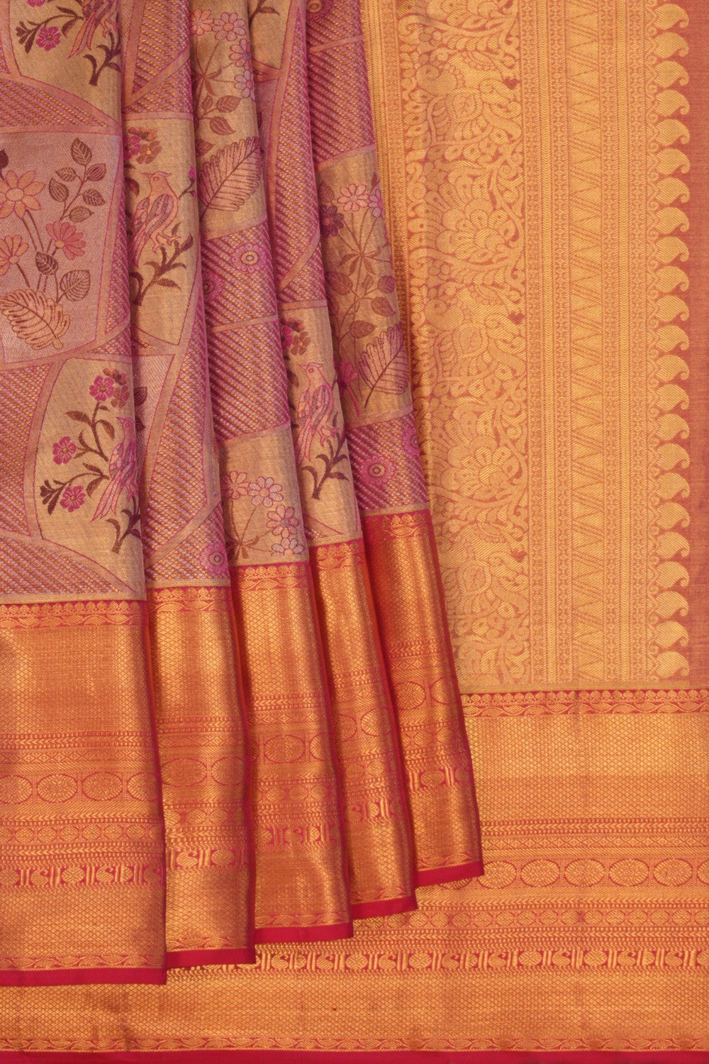 Image of Gold Pink Brocade Kanchivaram Silk Saree