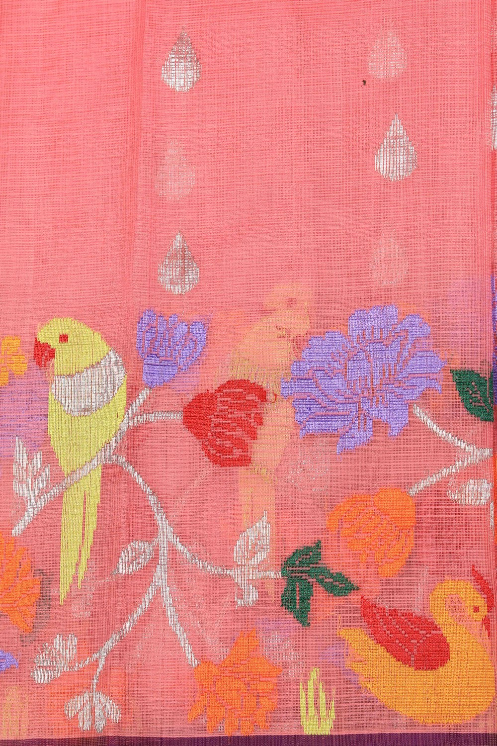 Image of Pure Zari Kota Coral Pink Saree