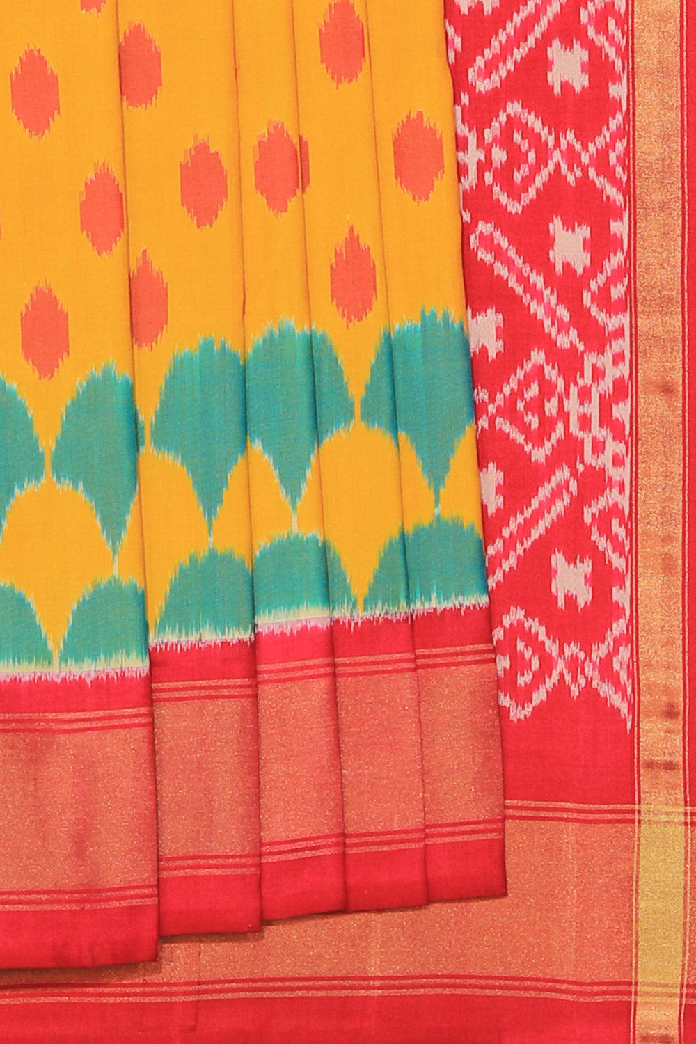 Collection of Pochampally Ikat Silk Yellow Saree in a gallery layout