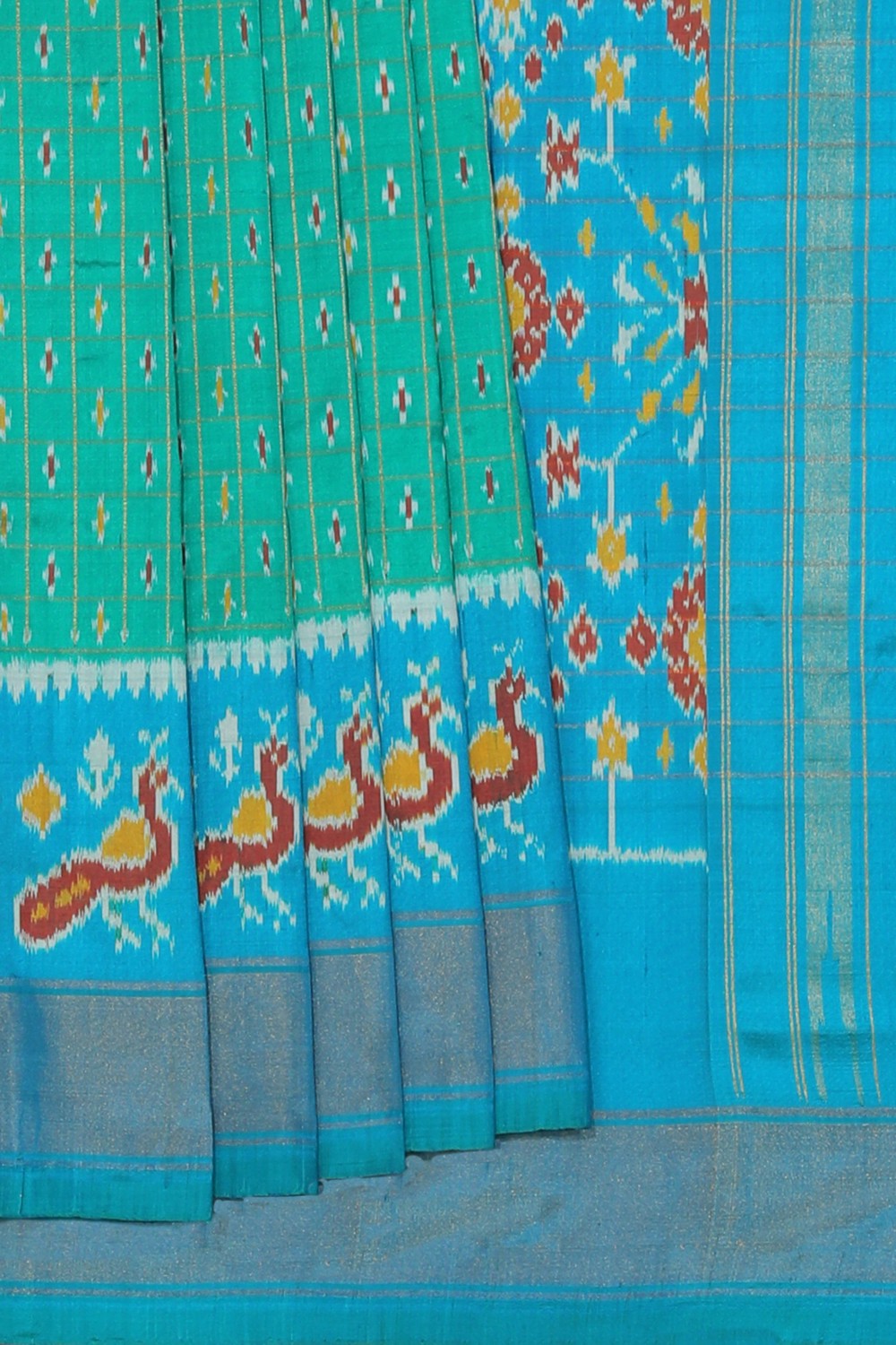 Collection of Pochampally Ikat Silk Sea Green Saree in a gallery layout