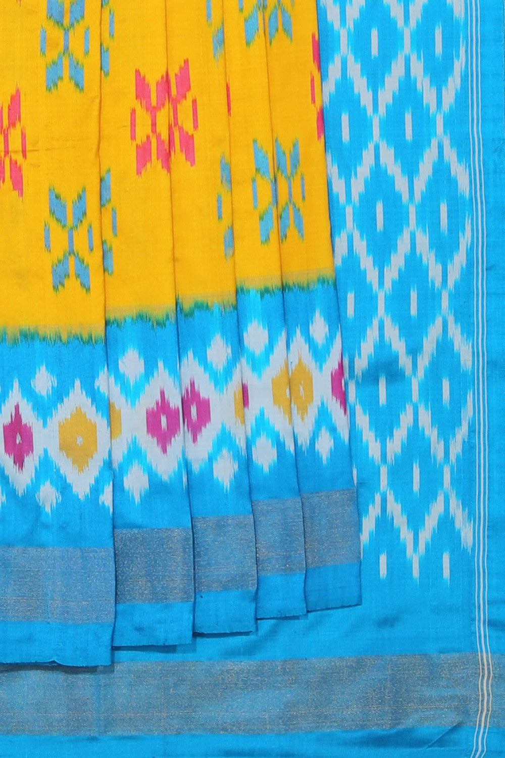 Collection of Pochampally Ikat Silk Mustard Saree in a gallery layout