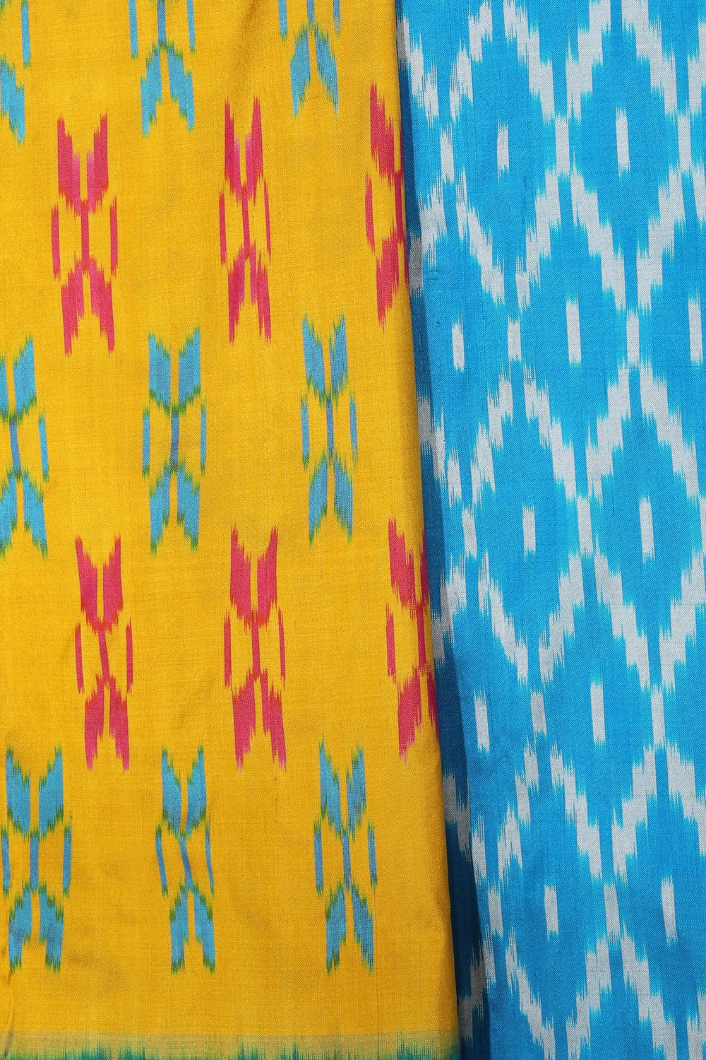 Collection of Pochampally Ikat Silk Mustard Saree in a gallery layout