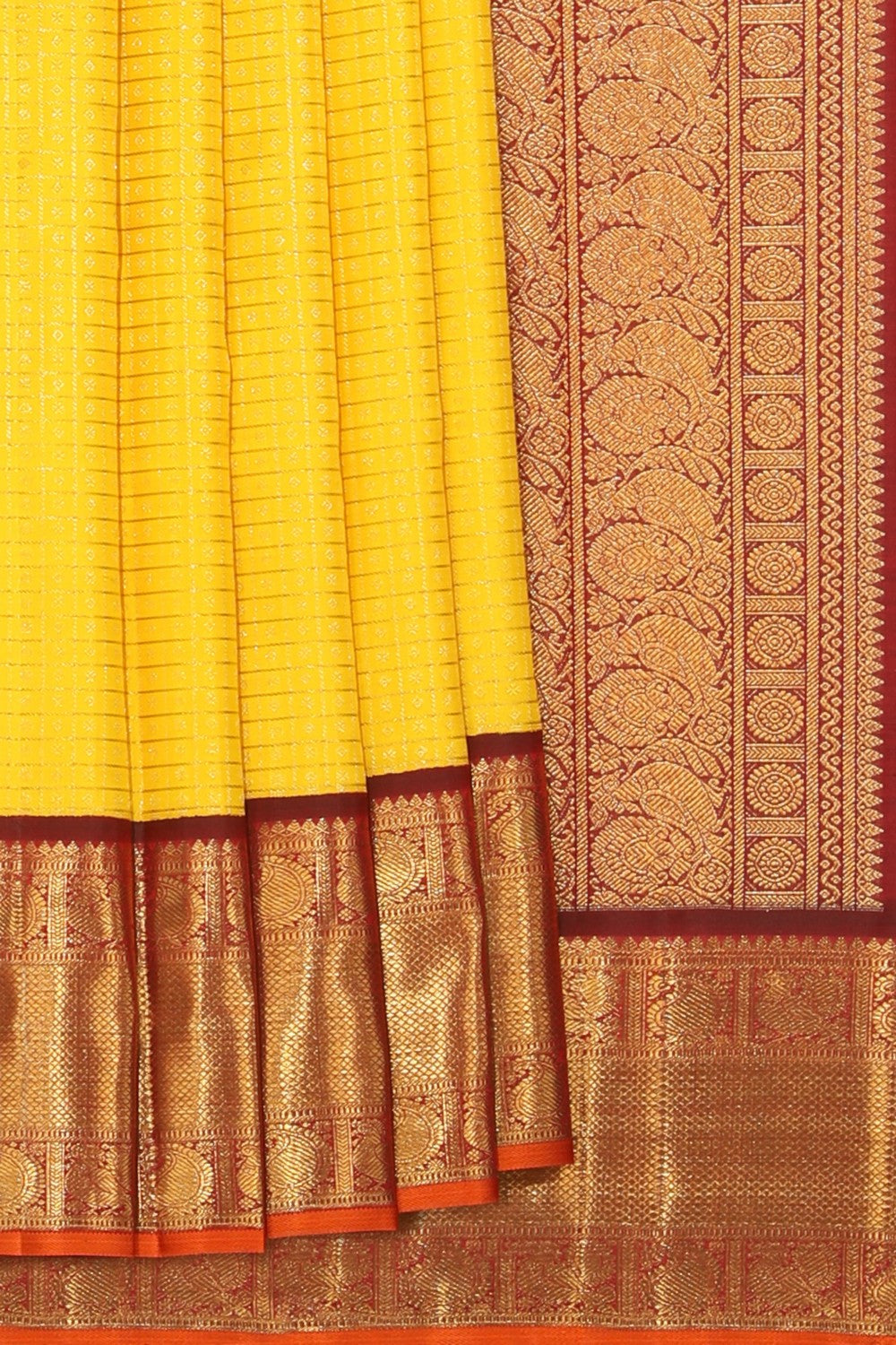 Collection of Kanchipuram Silk Brocade Yellow Saree in a gallery layout