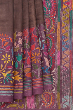 Image of Tussar Silk Kantha Stitch Saree