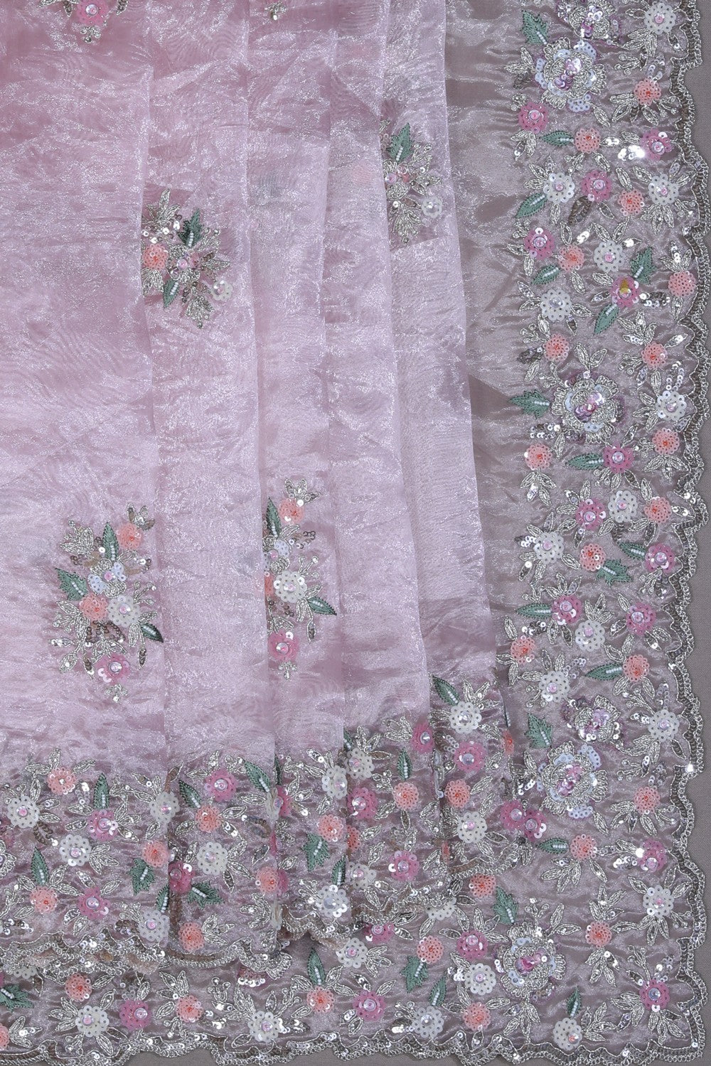 Glass Tissue Silk Embroidery Pink Saree