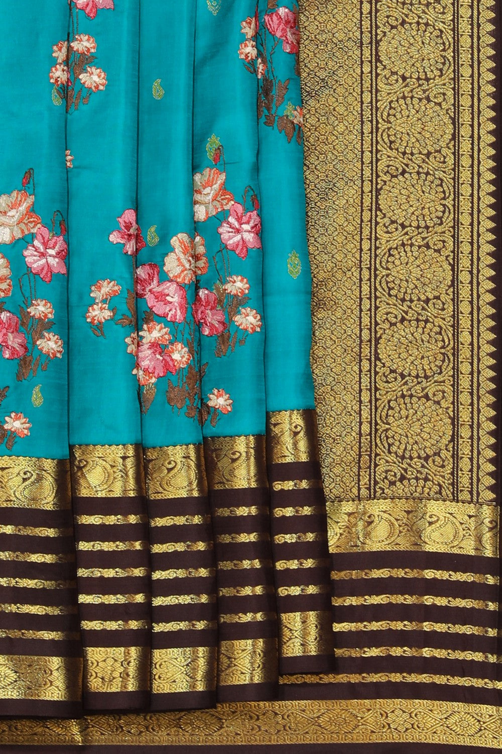Image of Kanchipattu Embroidery Teal Blue Saree