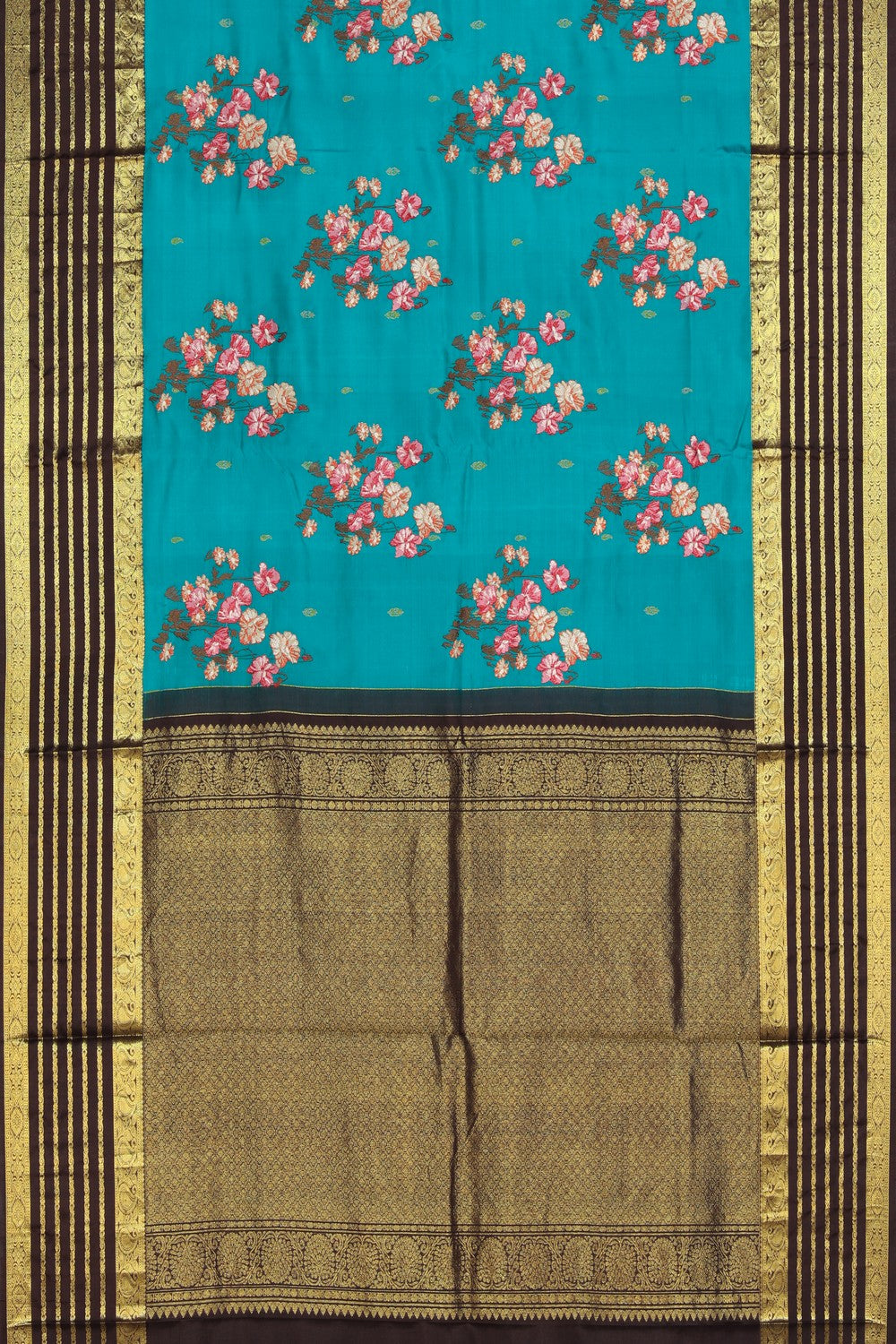 Image of Kanchipattu Embroidery Teal Blue Saree