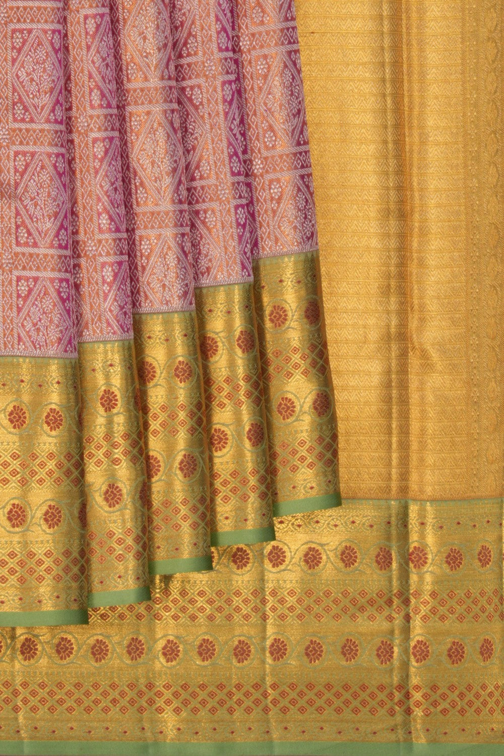 Image of Gold Pink Brocade Kanchivaram Silk Saree