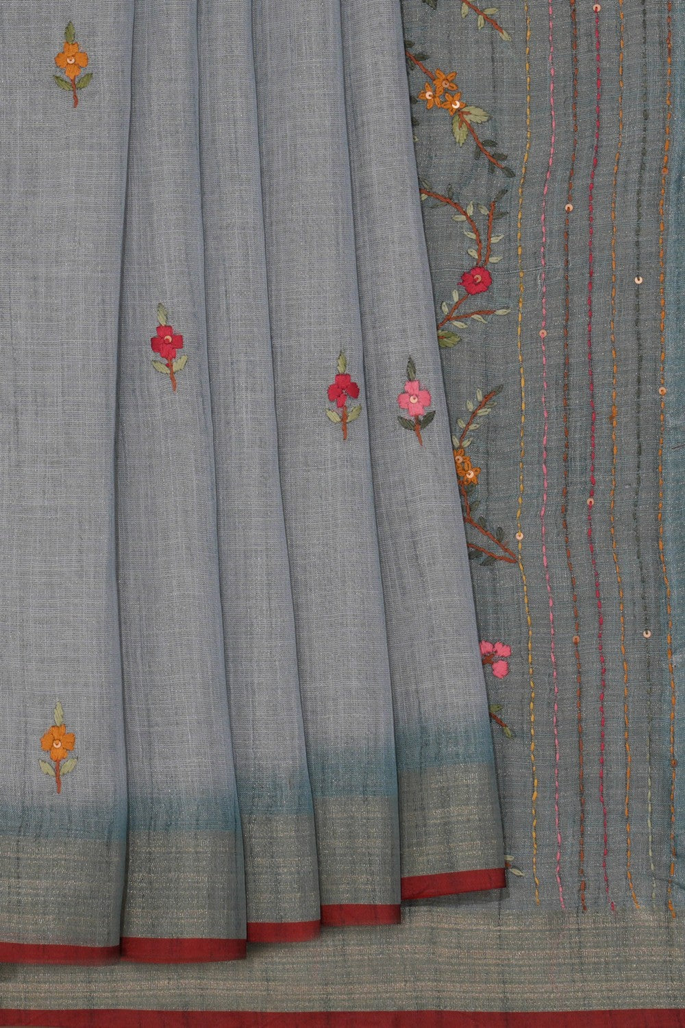 Linen Embroidery Pastel Blue Saree