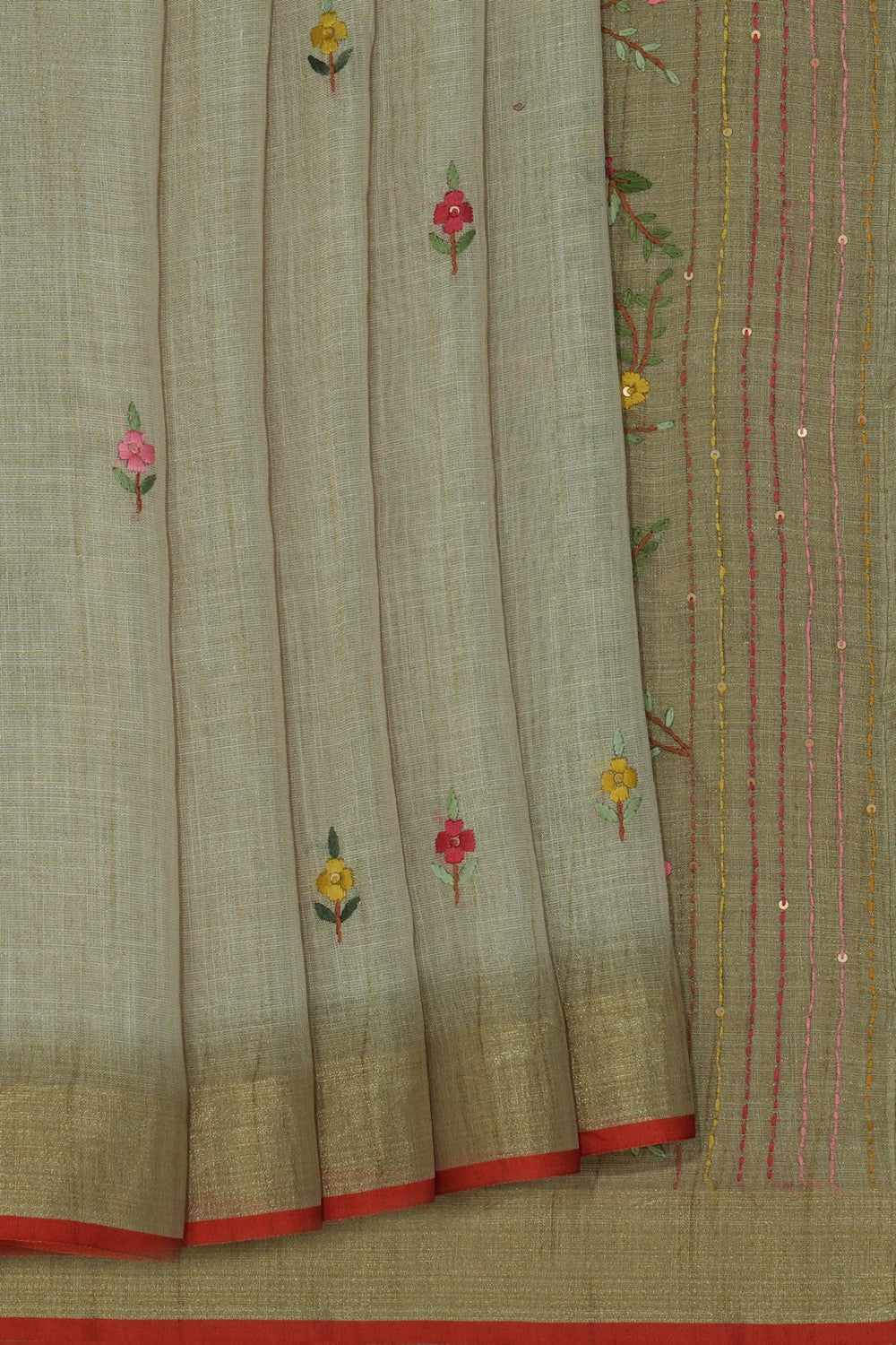 Linen Embroidery Pastel Green Saree