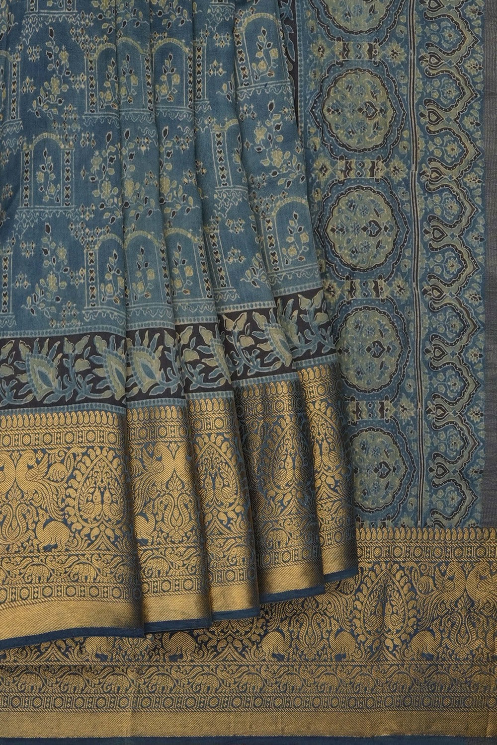 Image of Smoky Blue Ajrakh Printed Saree