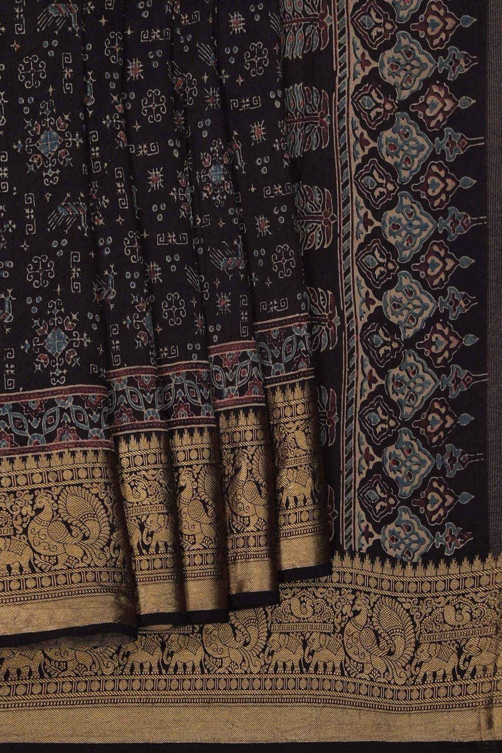 Image of Ajrakh Printed Brown Saree