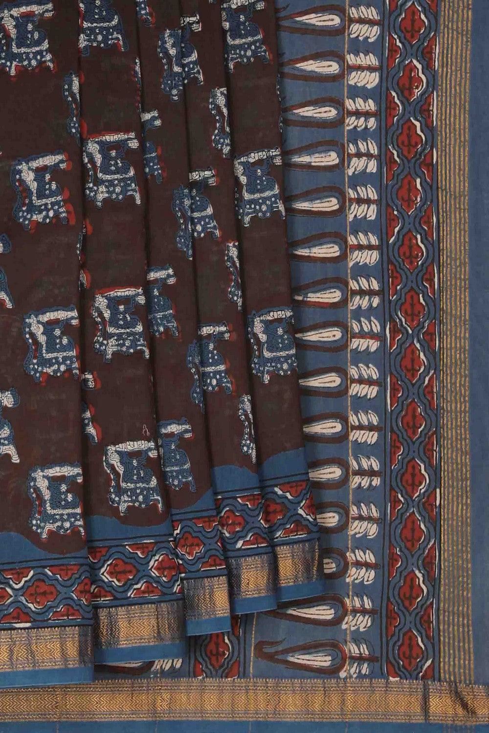 Image of Bagru block printed Maheshwari Saree
