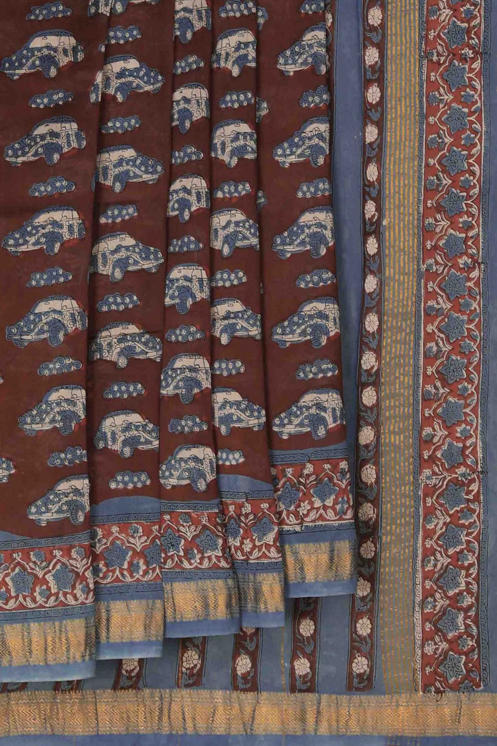 Image of Bagru block printed Maheshwari Saree