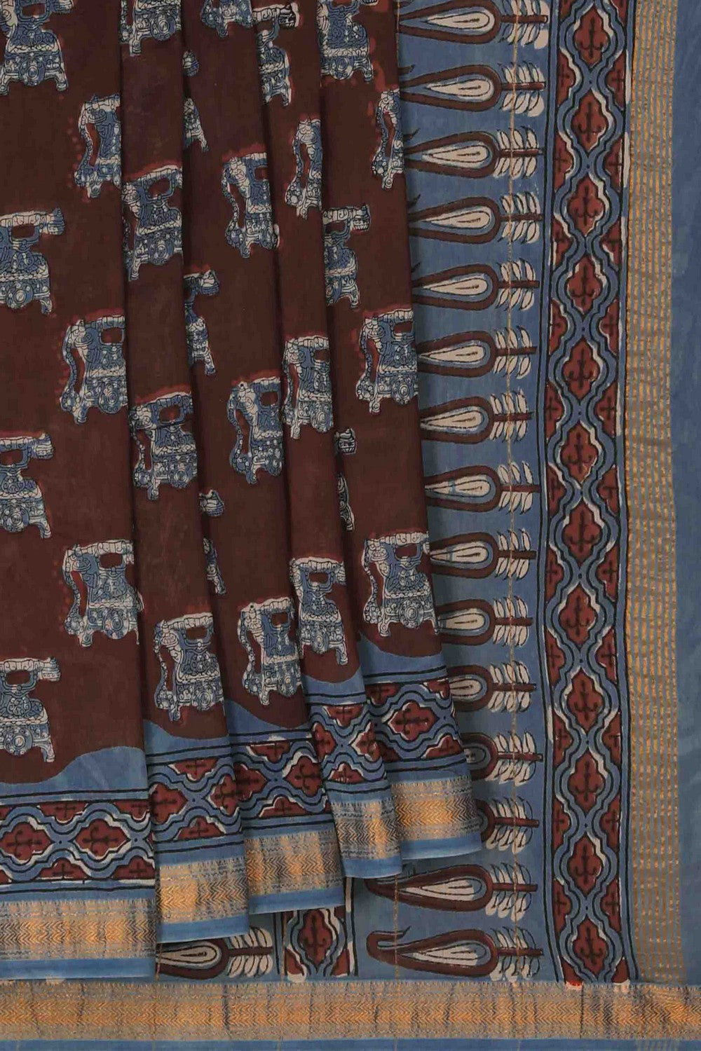 Image of Bagru block printed Maheshwari Saree