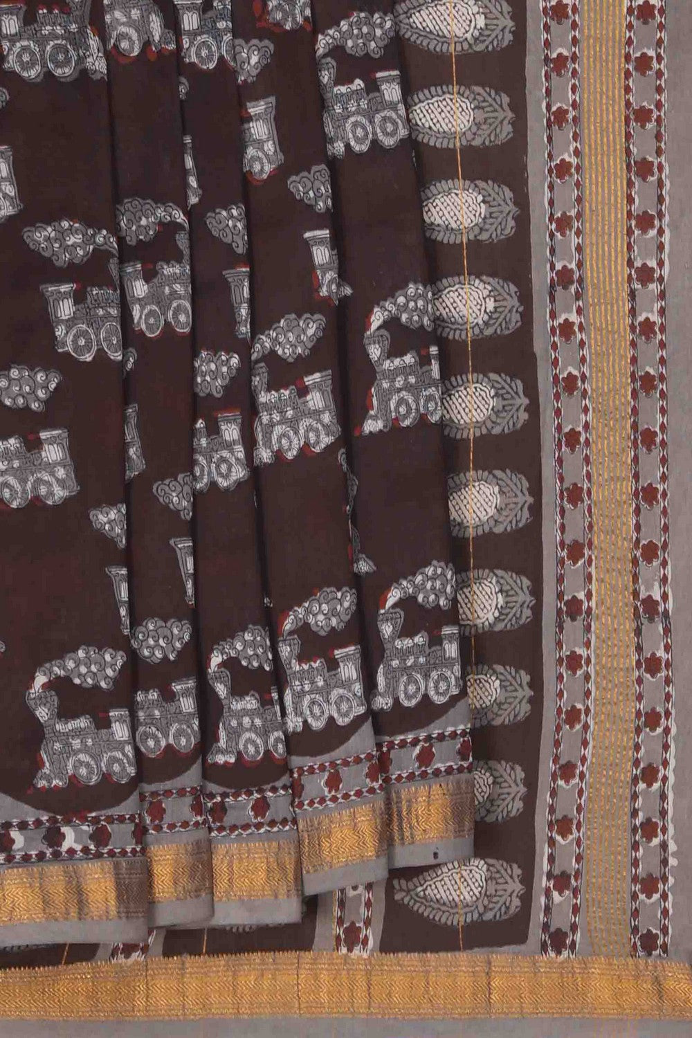 Image of Bagru block printed Maheshwari Saree
