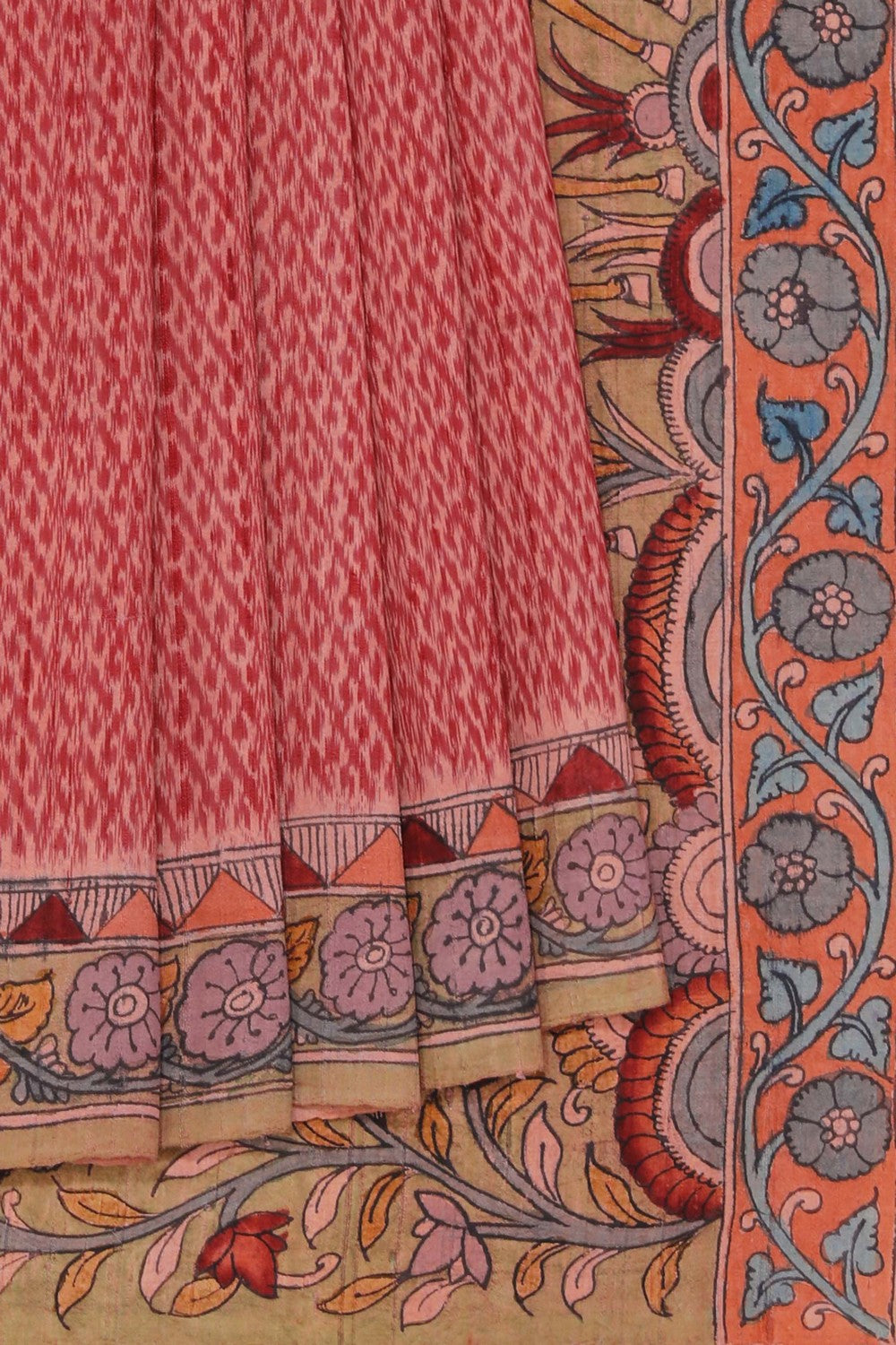 Dupion Kalamkari Painted Cream- Red Saree