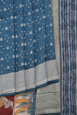 Image of Linen Kalamkari Painted Teal Blue Saree