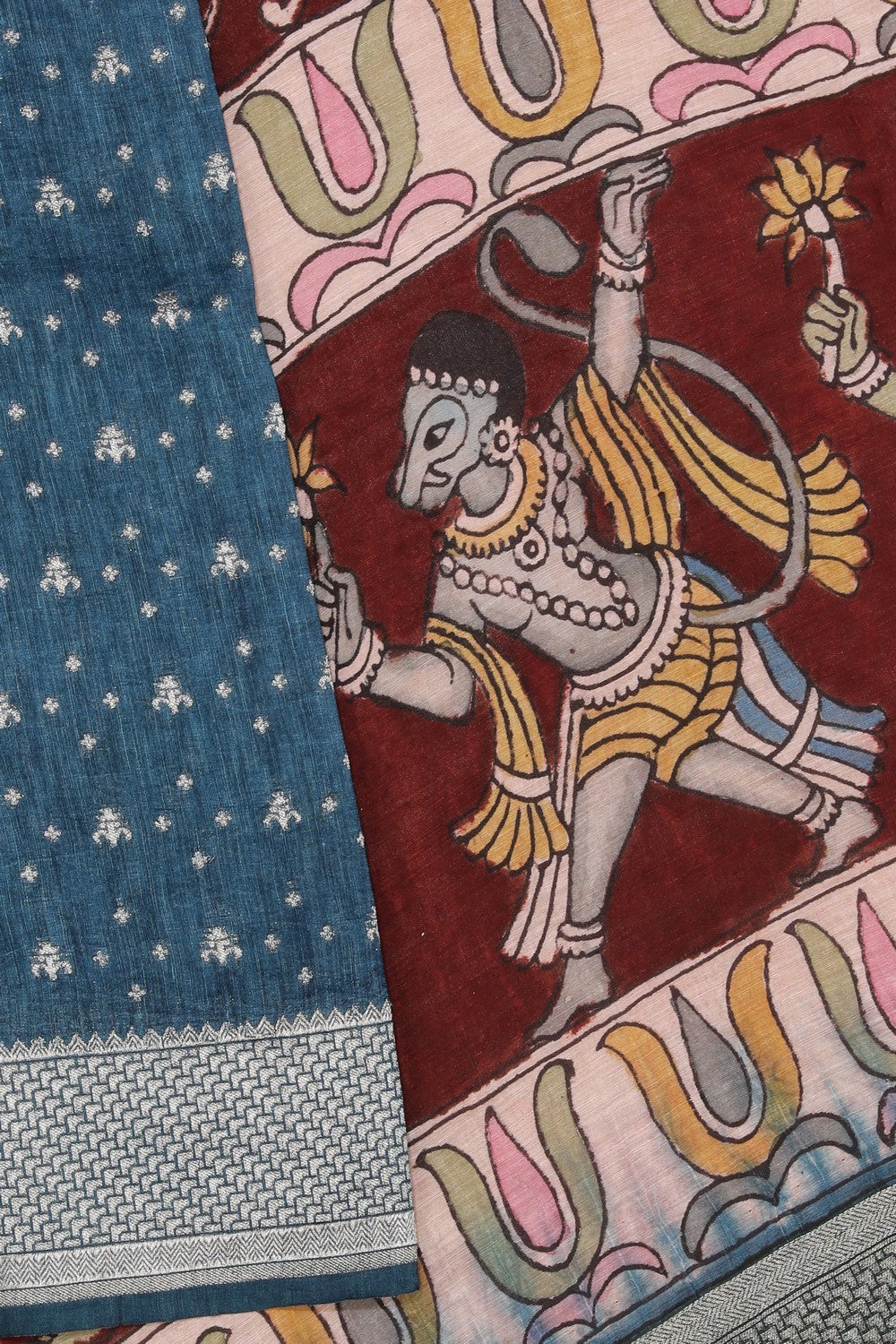 Linen Kalamkari Painted Teal Blue Saree