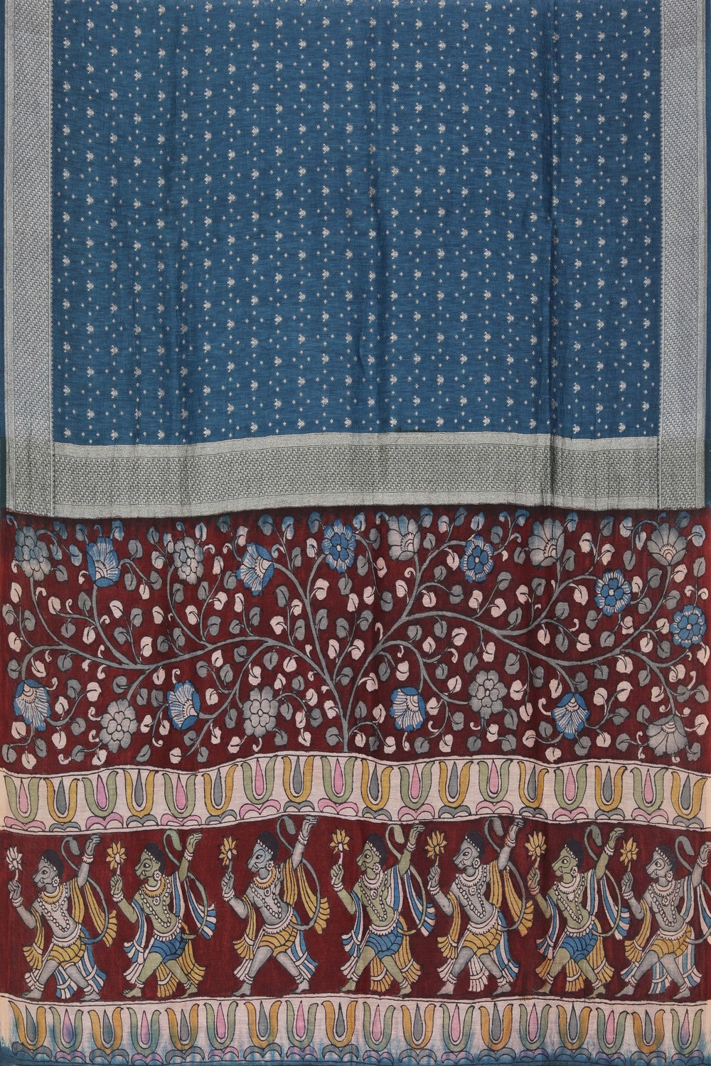 Linen Kalamkari Painted Teal Blue Saree