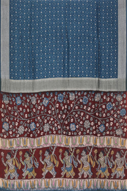 Image of Linen Kalamkari Painted Teal Blue Saree