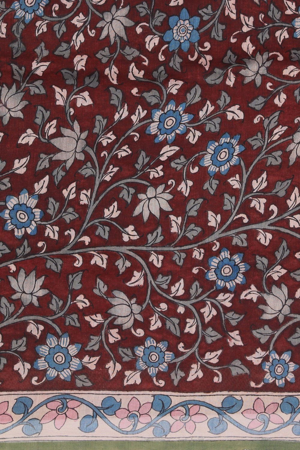 Image of Linen Kalamkari Painted Teal Blue Saree