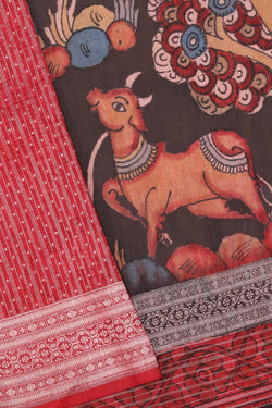 Image of Linen Kalamkari Painted Red Saree