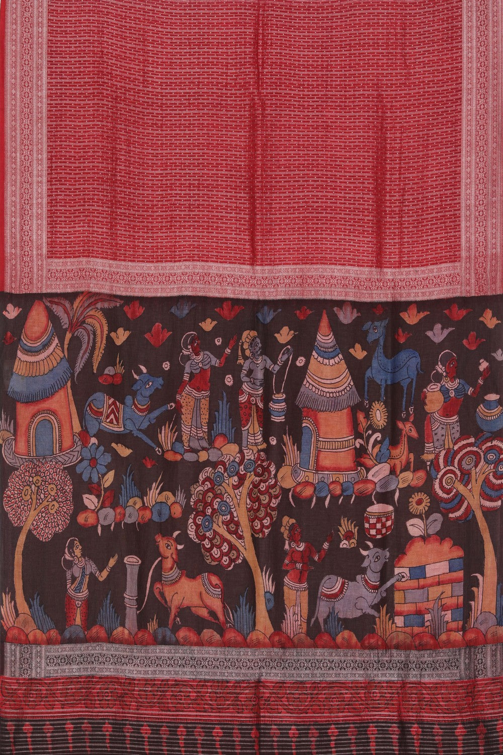 Linen Kalamkari Painted Red Saree