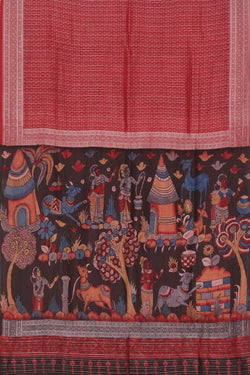 Image of Linen Kalamkari Painted Red Saree