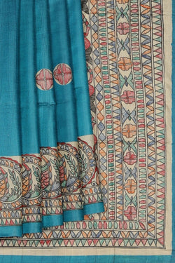 Image of Madhubani Tussar Silk Blue Saree